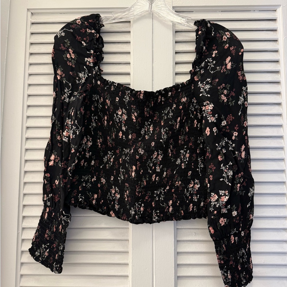 Reformation Long Sleeve Black Floral Smocked Top